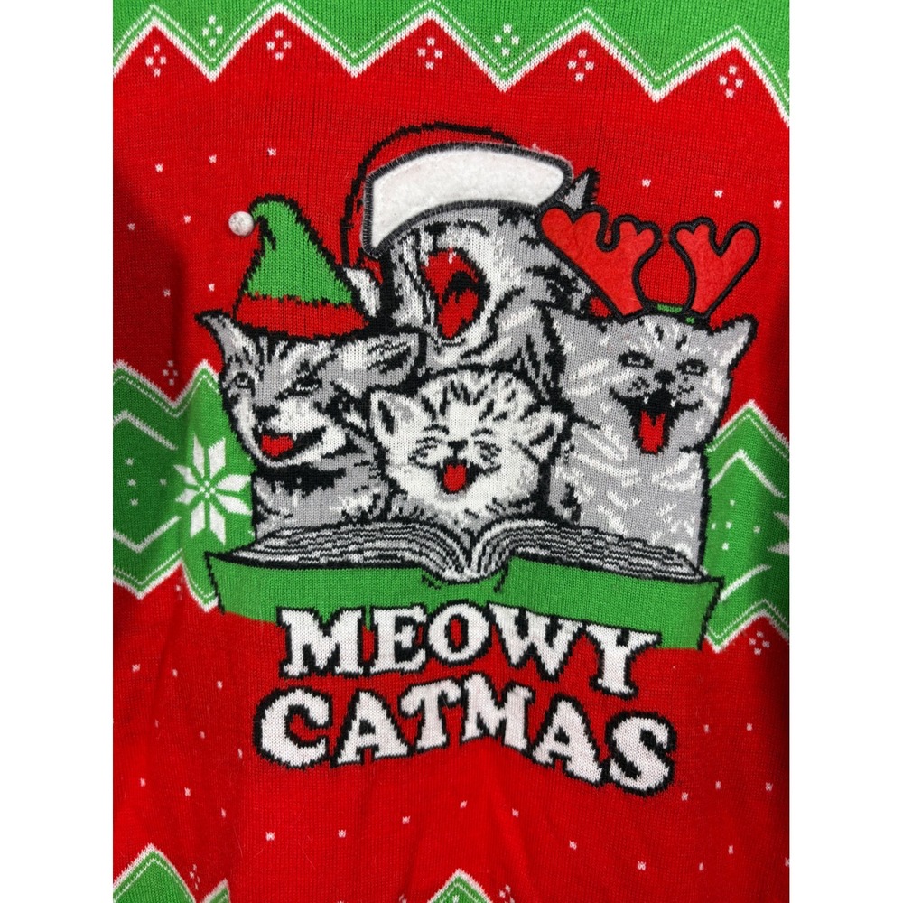 Mad Engine Meowy Catmas Ugly Christmas Sweater Red Green Cats Womens Large - Picture 2 of 8